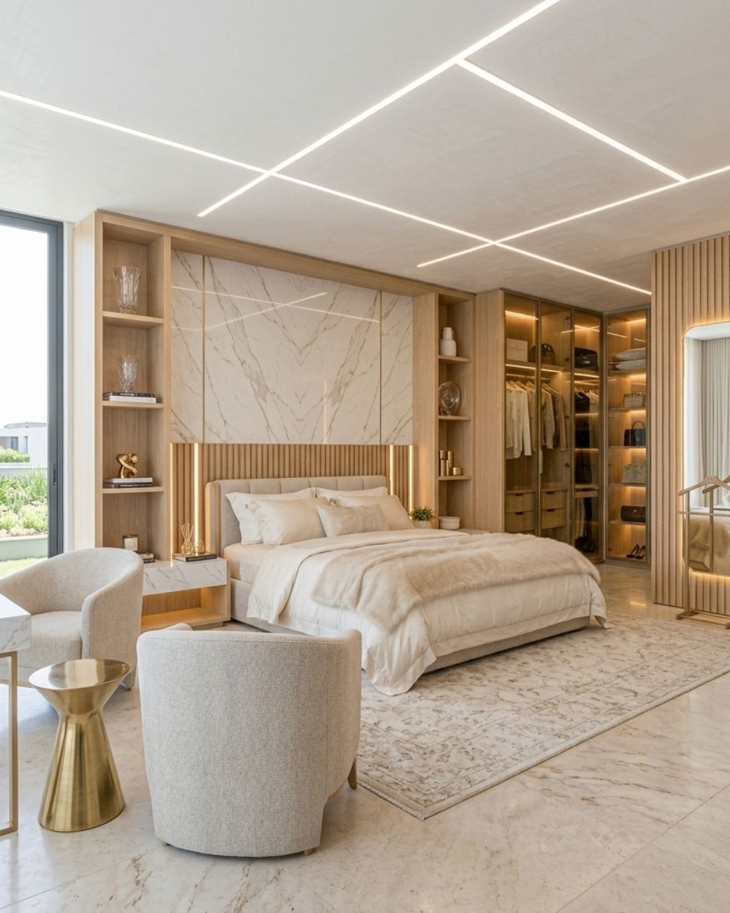 Suíte master com marcenaria integrada, cabeceira ripada em madeira natural, painel em mármore e closet com iluminação embutida — Las Leñas